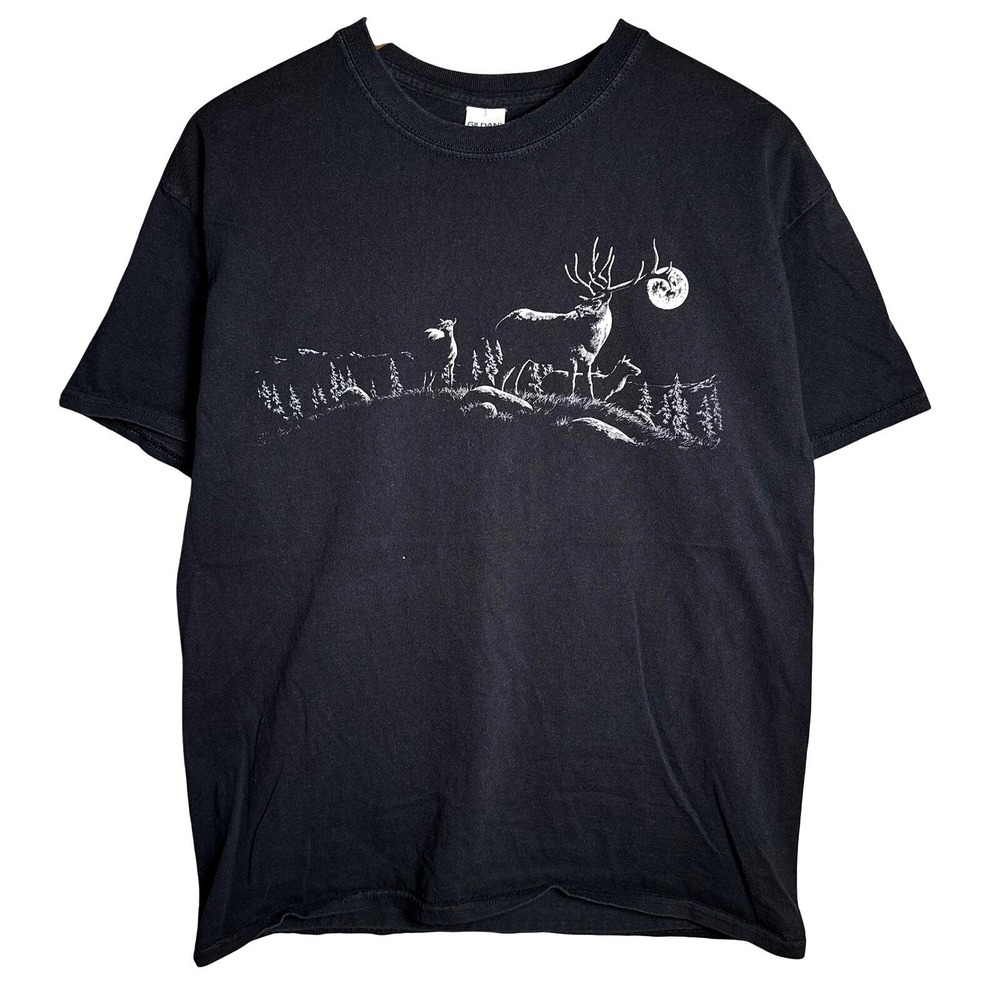 Gildan Ultra Cotton Mens Large Black Deer Moon Wildlife Graphic T-Shirt - Picture 2 of 6